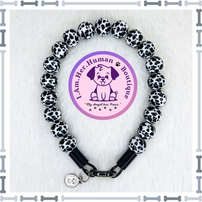 Lil Black Cow Print | Beaded Dog Collar | Bubblegum Dog Collar | Dog Pearls | Dog Necklace | Acrylic Bead Collar | Slip On | Black | White | Cow Print | Small Dog Collar