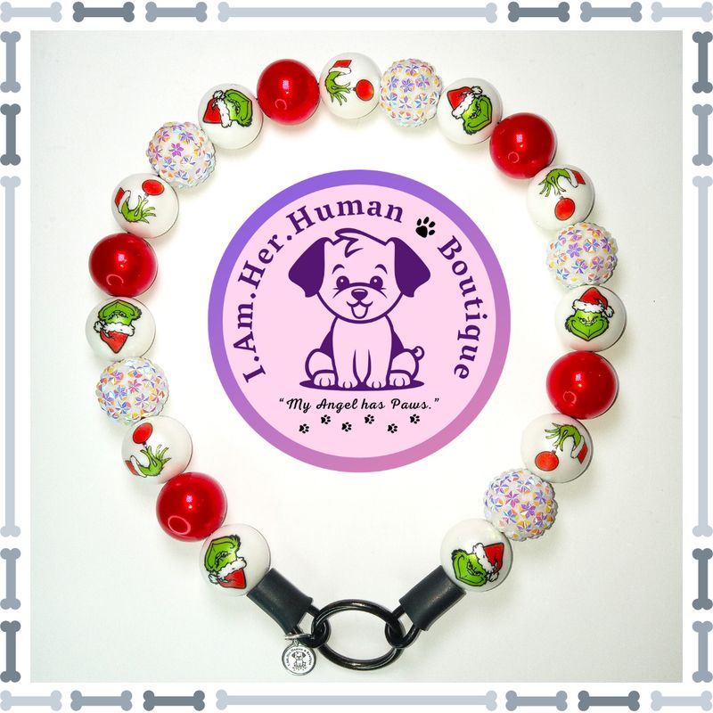Christmas, Grinch Face, Grinch Hand, Red Pearls, Star Rhinestones, Chunky Glam Bead Dog Collar, Bubblegum Bead Dog Collar, Beaded Dog Collar, Bubblegum Beaded Collar, Acrylic