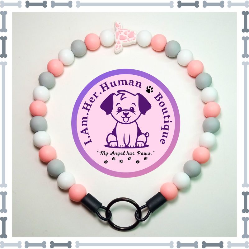 Pink, Grey, White, Pink &amp; White Cow Head Focal, Silicone Bead Dog Collar, Bubblegum Bead Dog Collar, Beaded Dog Collar, Bubblegum Beaded Collar, Silicone
