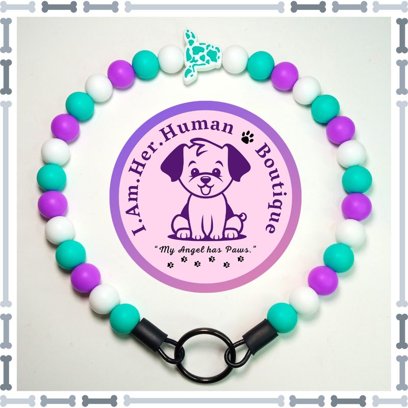 Teal &amp; White Cow Head Focal, Teal, Purple, White, Silicone Bead Dog Collar, Bubblegum Bead Dog Collar, Beaded Dog Collar, Bubblegum Beaded Collar, Silicone