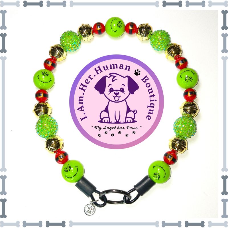 Christmas, Grinch Face, Rhinestones, Ornament Beads, Santa Beads, Chunky Glam Bead Dog Collar, Bubblegum Bead Dog Collar, Beaded Dog Collar, Bubblegum Beaded Collar, Acrylic