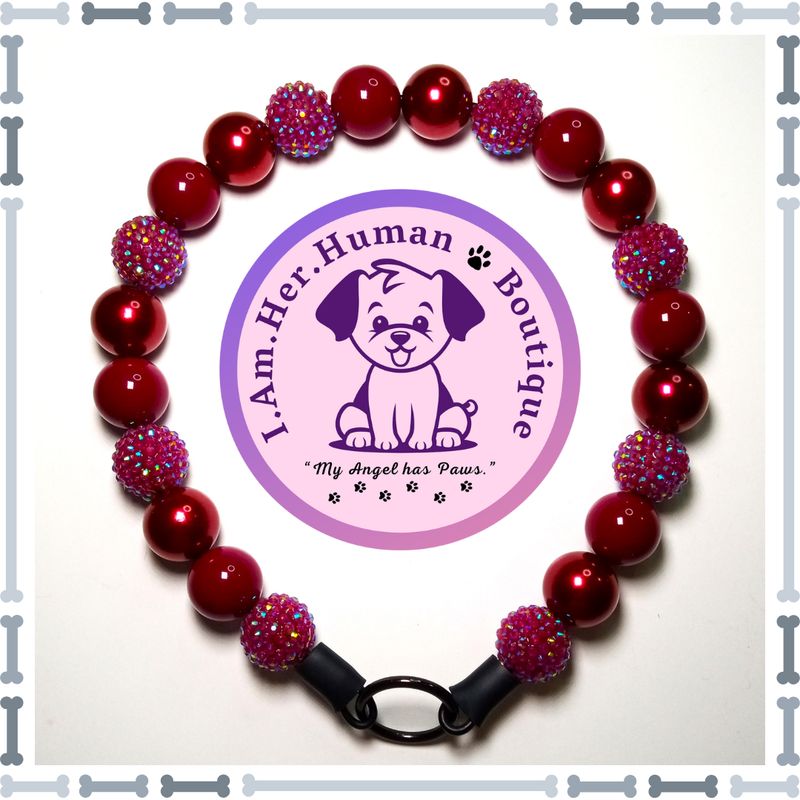 "January Elegance" Chunky Glam Bead Collar Wine Red Rhinestone, Plum Purple Pearl, Plum Purple Solid, Chunky Glam Bead Dog Collar, Bubblegum Bead Dog Collar, Beaded Dog Collar, Bubblegum Beaded Collar, Acrylic