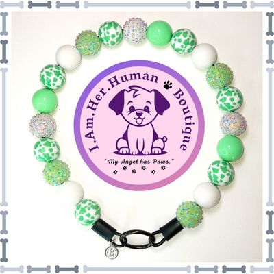 Mint Green Cow Print, White, Rhinestone, Solid, Chunky Glam Bead Dog Collar, Bubblegum Beaded Dog Collar, Bead Dog Collar, Acrylic, Dog Pearls, Bead Dog Necklace