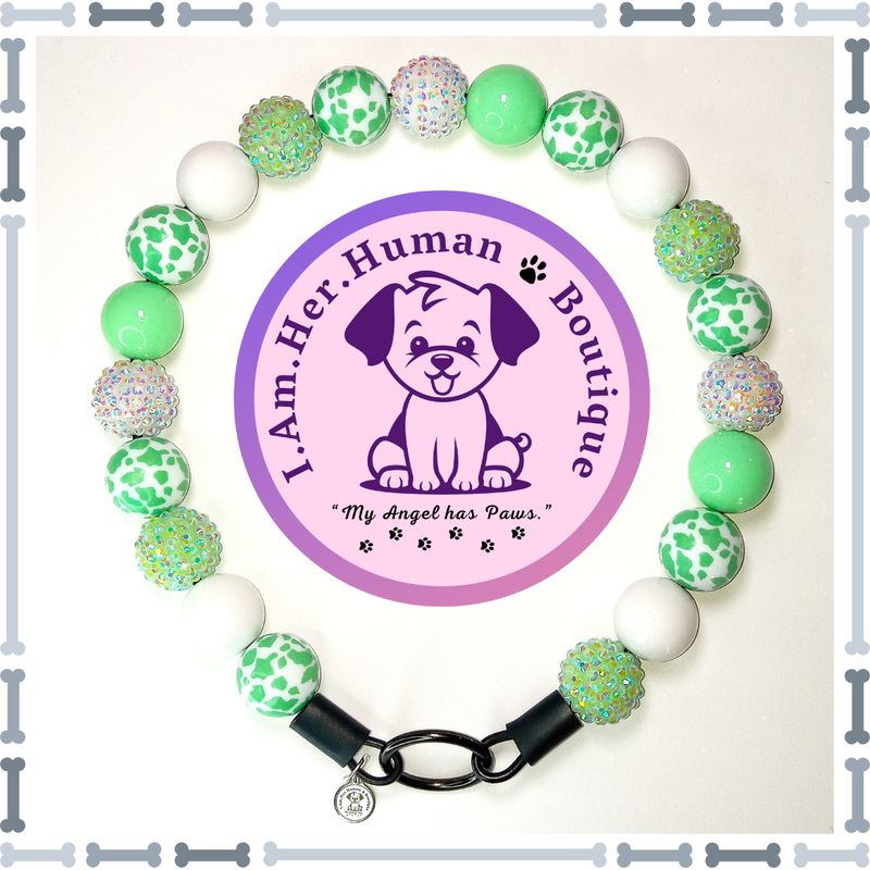 "Mint Milkshake" Chunky Glam Bead Collar Mint Green Cow Print, White, Rhinestone, Solid, Chunky Glam Bead Dog Collar, Bubblegum Beaded Dog Collar, Bead Dog Collar, Acrylic, Dog Pearls, Bead Dog Necklace
