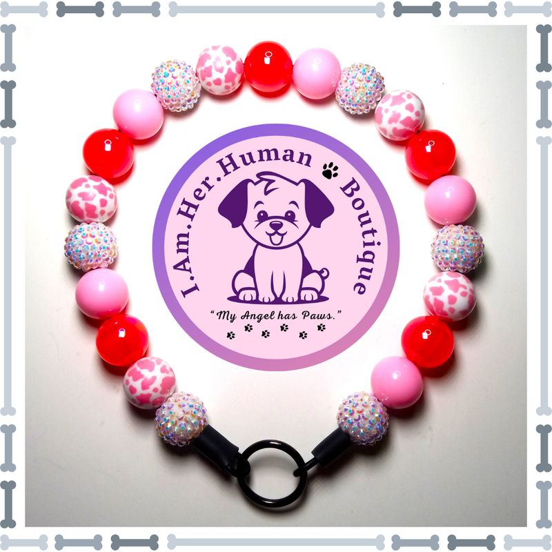"Strawberry Milkshake" Chunky Glam Bead Collar White Rhinestone, Hot Pink Jelly, Cotton Candy Pink, Pink & White Cow Print, Chunky Glam Bead Dog Collar, Bubblegum Bead Dog Collar, Beaded Dog Collar, Bubblegum Beaded Collar, Acrylic