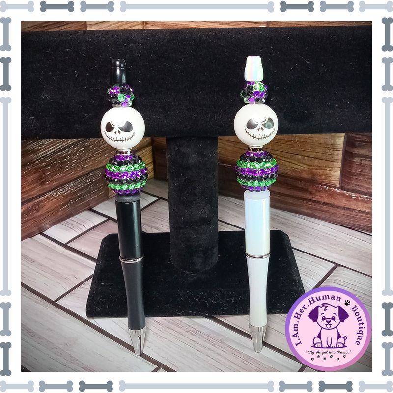 Refillable, Halloween, Beaded Pen, Jack Face, Purple Green Black Rhinestone