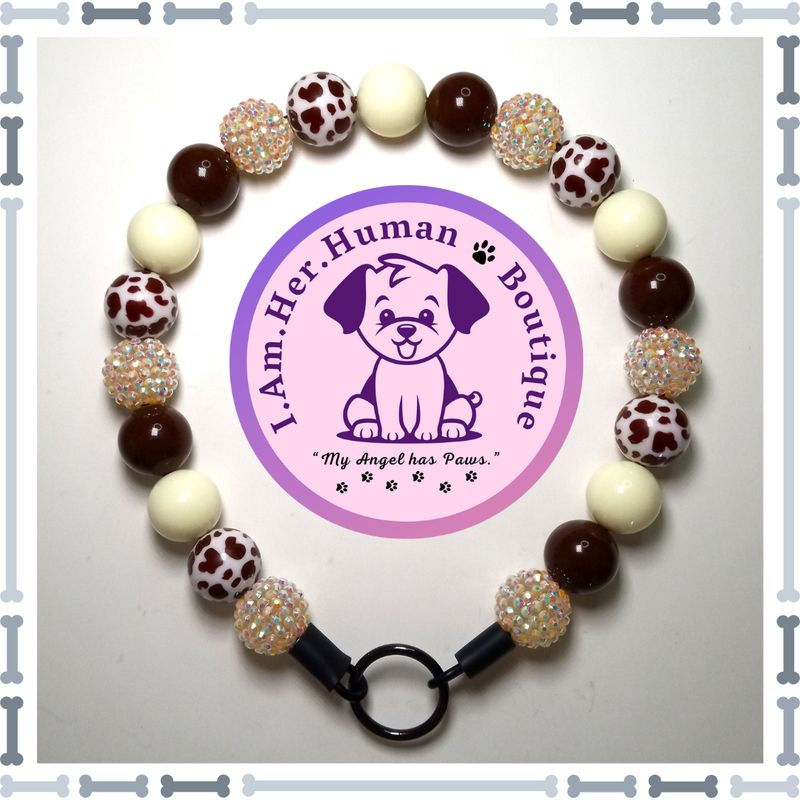 "Chocolate Milkshake" Chunky Glam Bead Collar Cream Rhinestone, Brown, Cream, Brown & White Cow Print, Chunky Glam Bead Dog Collar, Bubblegum Bead Dog Collar, Beaded Dog Collar, Bubblegum Beaded Collar, Acrylic