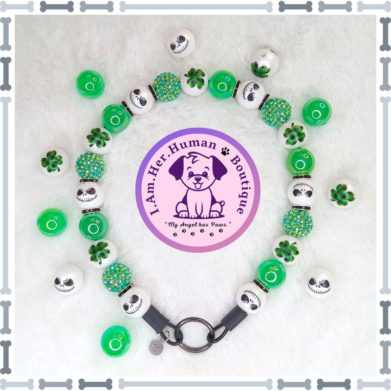 "Patrick Jack" Chunky Glam Bead Collar Saint Patrick's Day, Jack Face, Clover, Rhinestone, Green, Chunky Glam Bead Dog Collar, Bubblegum Dog Collar, Beaded Dog Collar, Bubblegum Beaded Collar, Dog Pearls, Acrylic