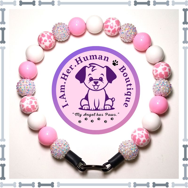 "Strawberry Milk" Chunky Glam Bead Collar White Rhinestone, Cotton Candy Pink, White, Pink & White Cow Print, Chunky Glam Bead Dog Collar, Bubblegum Bead Dog Collar, Beaded Dog Collar, Bubblegum Beaded Collar, Acrylic