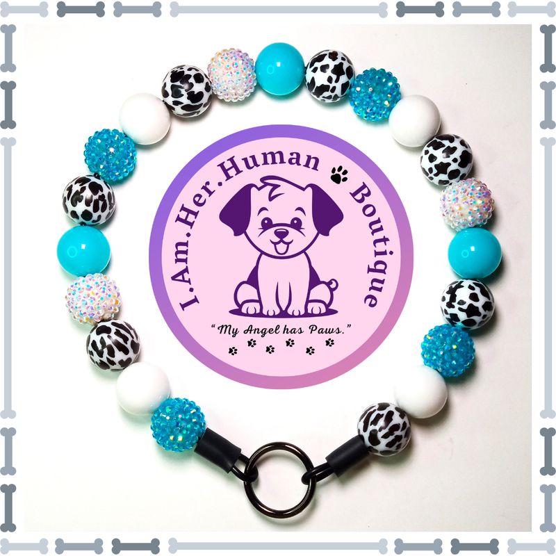 Neon Blue Rhinestone, Neon Blue, White, Black &amp; White Cow Print, Chunky Glam Bead Dog Collar, Bubblegum Bead Dog Collar, Beaded Dog Collar, Bubblegum Beaded Collar, Acrylic
