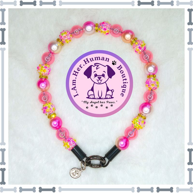 Lil Pink Lemonade | Custom | Durable | Slip On | Small | Bubblegum Bead | Beaded Dog Collar | Dog Pearls | Dog Necklace | Pink | Neon Yellow | Handmade