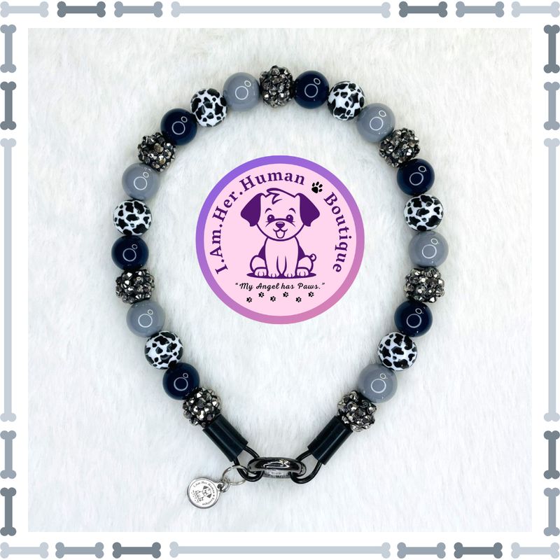 "Lil Cowboy Nights" XS Mini Glam Bead Collar Lil Cowboy Nights | Cow Print | Bubblegum Dog Collar | Beaded Dog Collar | Black | Blue | Gray | XS Mini Dog Collar | Dog Pearls | Dog Necklace | Male Dog Collar