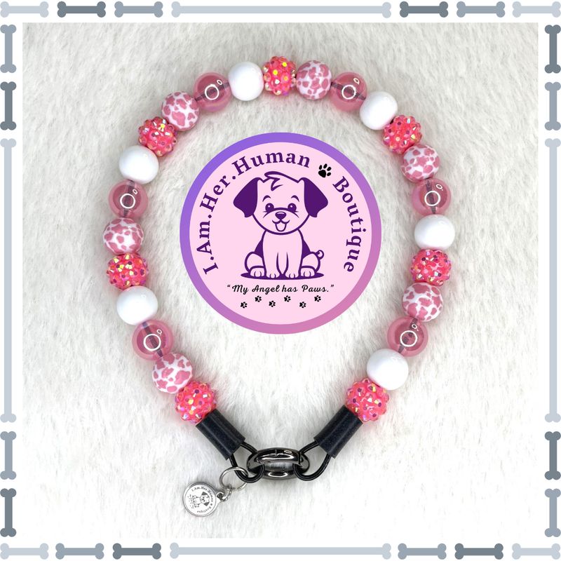 Lil Strawberry Milk | Pink Cow Print | Bubblegum Dog Collar | Dog Pearls | Dog Necklace | Acrylic | Slip On | XS Mini Dog Collar | Pink | White | Small Dog Collar