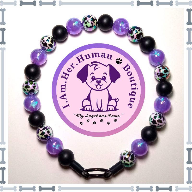 Black &amp; White Cow Print AB with Purple Opalescence, Mini Bead Dog Collar, Bubblegum Bead Dog Collar, Mini Beaded Dog Collar, Bubblegum Beaded Collar, Acrylic
