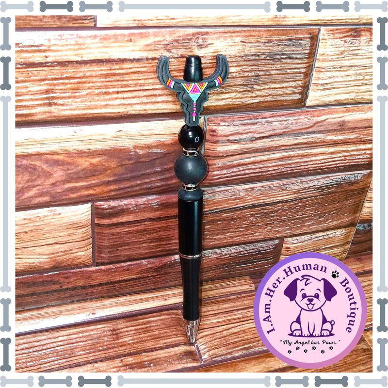 Refillable, Western, Bull Head, Beaded Pen