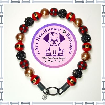 Christmas, Red, Black, Gold, Rhinestone, Print, Pearl, Chunky Glam Bead Dog Collar, Bubblegum Bead Dog Collar, Beaded Dog Collar, Bubblegum Beaded Collar, Acrylic