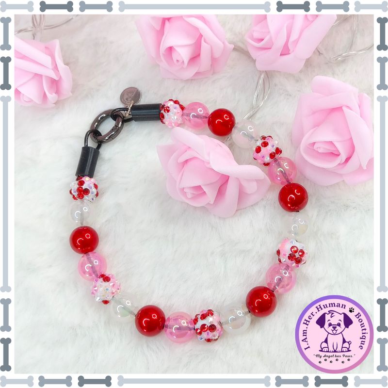 Valentines Dog Collar, Red, Pink, White, Rhinestones, XS Bubblegum Dog Collar, Holiday Bead Dog Collar, XS Mini Beaded Dog Collar, Acrylic, Dog Pearls, Bead Dog Necklace