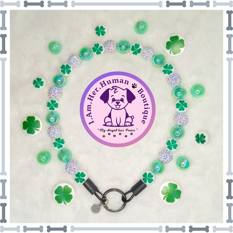 "Lucky Clover Bling" Mini Glam Bead Collar Saint Patrick's Day, Bubblegum Dog Collar, Dog Pearls, Bead Dog Necklace, Bubblegum Beaded Dog Collar, Mini Dog Collar, Acrylic, Silicone, Holiday Collar, Green, White