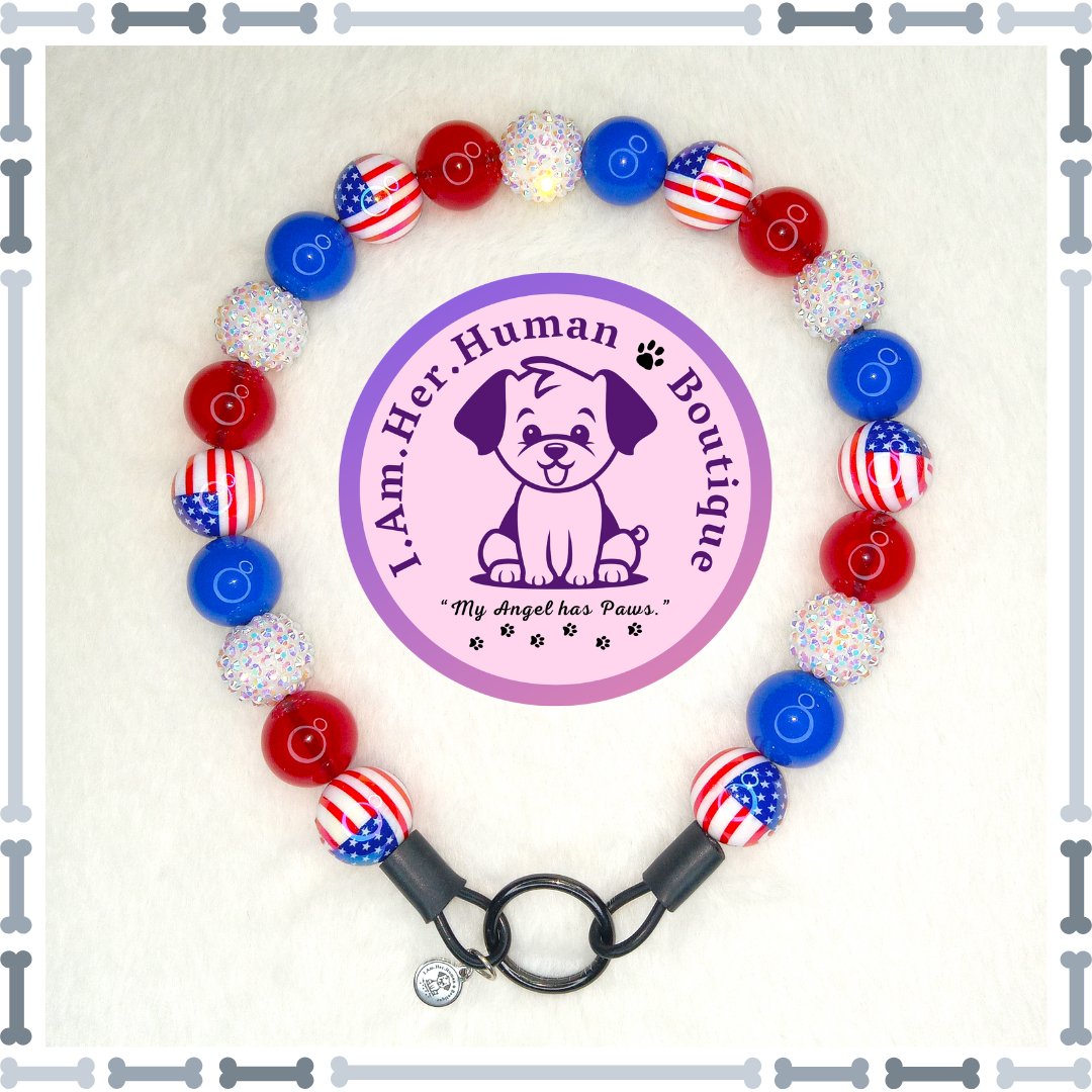 Americana Collar, American Flag, Chunky Glam Bead Dog Collar, Bubblegum Bead Dog Collar, Beaded Dog Collar, Bubblegum Beaded Collar, Acrylic