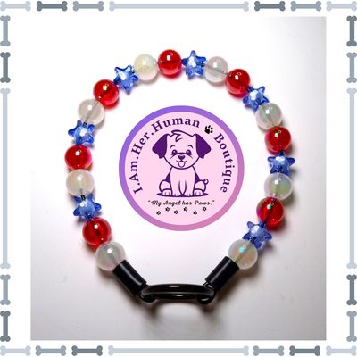 Americana Collar, Red, White, Blue Stars, XS Mini Glam Dog Bead Collar, Bubblegum Bead Dog Collar, XS Mini Beaded Dog Collar, Bubblegum Beaded Collar, Acrylic