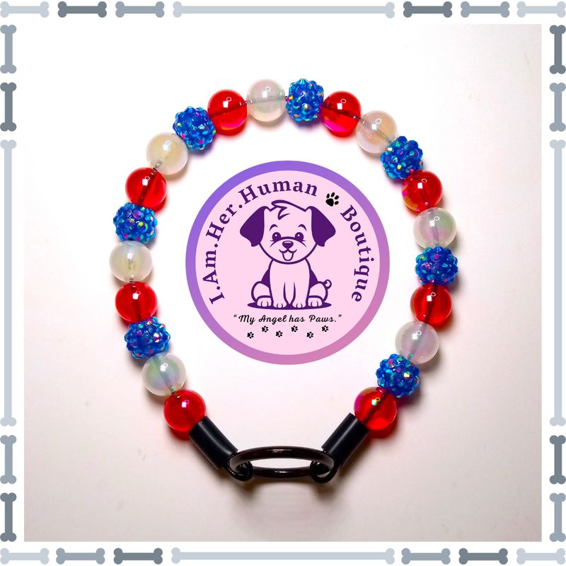Americana Collar, Red, White, Blue Rhinestone, XS Mini Glam Dog Bead Collar, Bubblegum Bead Dog Collar, XS Mini Beaded Dog Collar, Bubblegum Beaded Collar, Acrylic