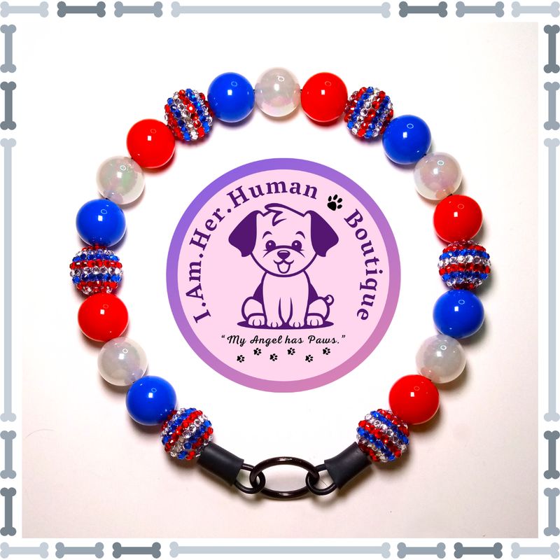 Americana Collar, Red White &amp; Blue Striped Rhinestone, Red Solid, White Jelly AB, Royal Blue Solid, Chunky Glam Bead Dog Collar, Bubblegum Bead Dog Collar, Beaded Dog Collar, Bubblegum Beaded Collar, Acrylic