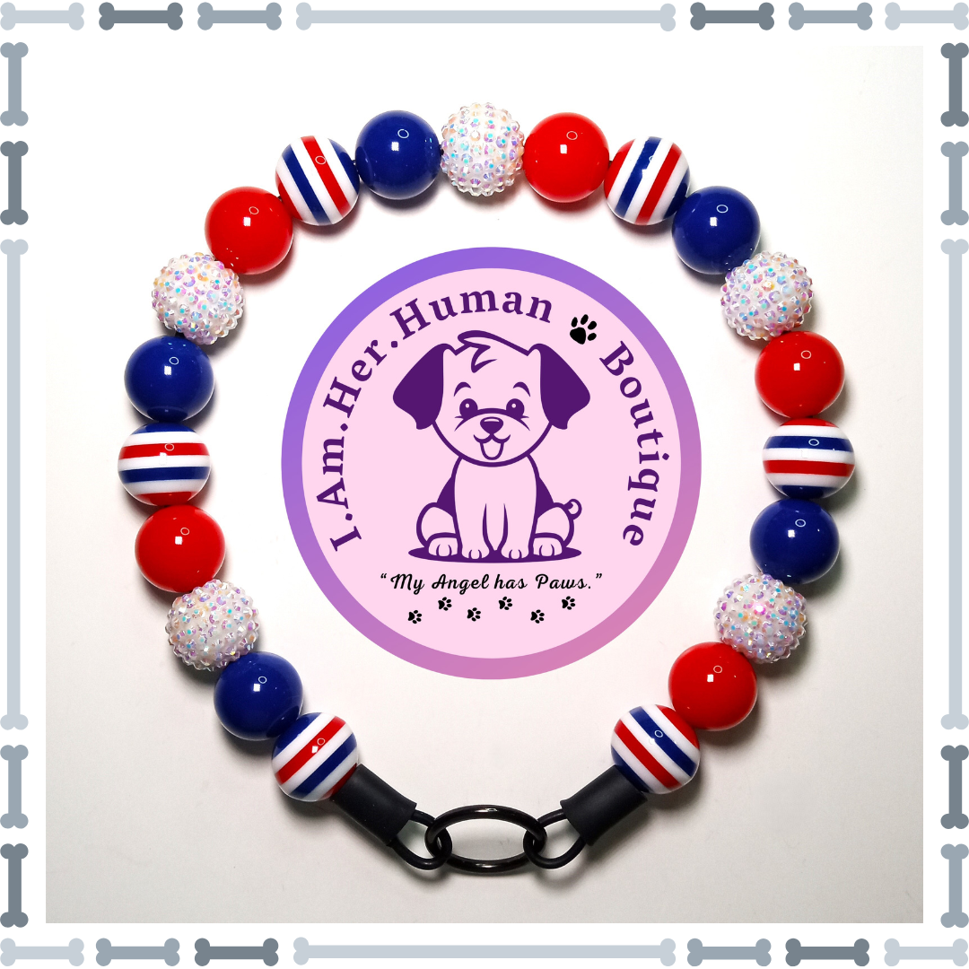 Americana Collar, Red White &amp; Blue Striped, Red Solid, White Rhinestone AB, Navy Blue Solid, Chunky Glam Bead Dog Collar, Bubblegum Bead Dog Collar, Beaded Dog Collar, Bubblegum Beaded Collar, Acrylic