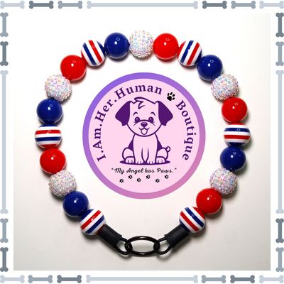 Americana Collar, Red White &amp; Blue Striped, Red Solid, White Rhinestone AB, Navy Blue Solid, Chunky Glam Bead Dog Collar, Bubblegum Bead Dog Collar, Beaded Dog Collar, Bubblegum Beaded Collar, Acrylic