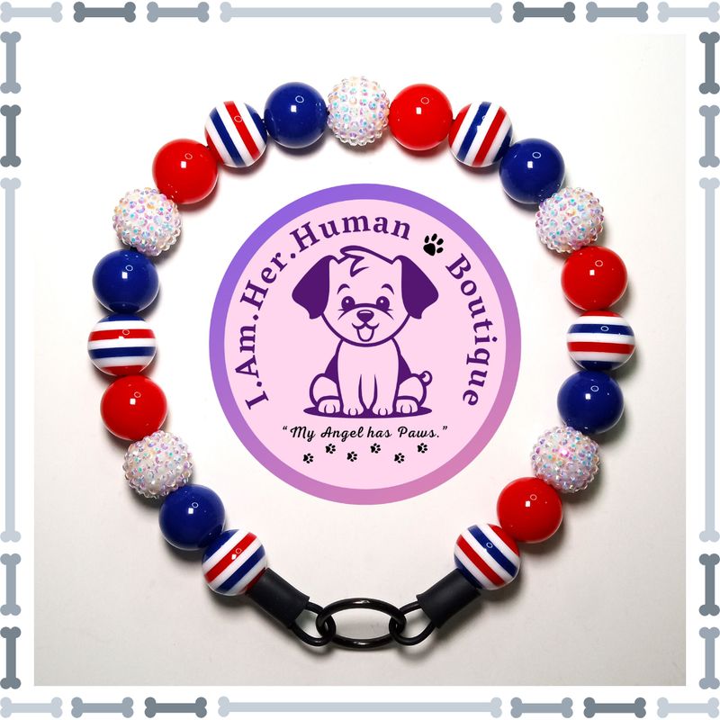 Americana Collar, Red White &amp; Blue Striped, Red Solid, White Rhinestone AB, Navy Blue Solid, Chunky Glam Bead Dog Collar, Bubblegum Bead Dog Collar, Beaded Dog Collar, Bubblegum Beaded Collar, Acrylic