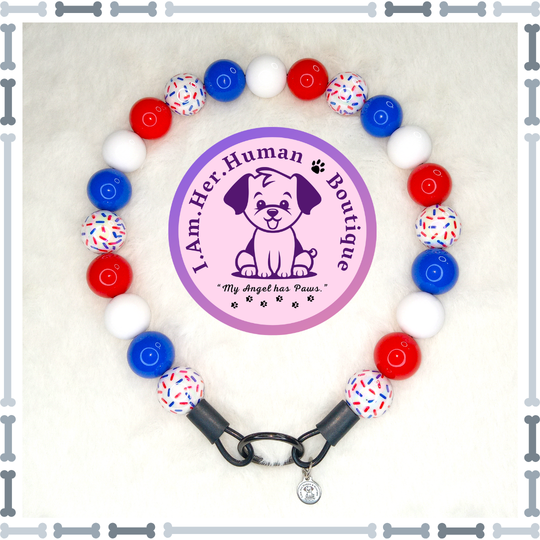 Americana Collar, Red White &amp; Blue Sprinkles, Red Solid, White Solid, Royal Blue Solid, Chunky Glam Bead Dog Collar, Bubblegum Bead Dog Collar, Beaded Dog Collar, Bubblegum Beaded Collar, Acrylic
