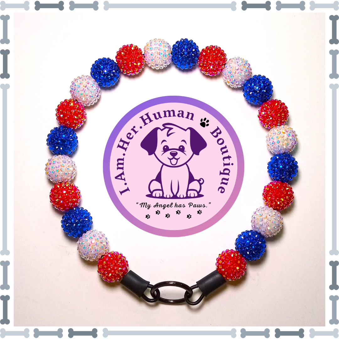 Americana Collar, Red Rhinestone, White Rhinestone, Royal Blue Rhinestone, Chunky Glam Bead Dog Collar, Bubblegum Bead Dog Collar, Beaded Dog Collar, Bubblegum Beaded Collar, Acrylic