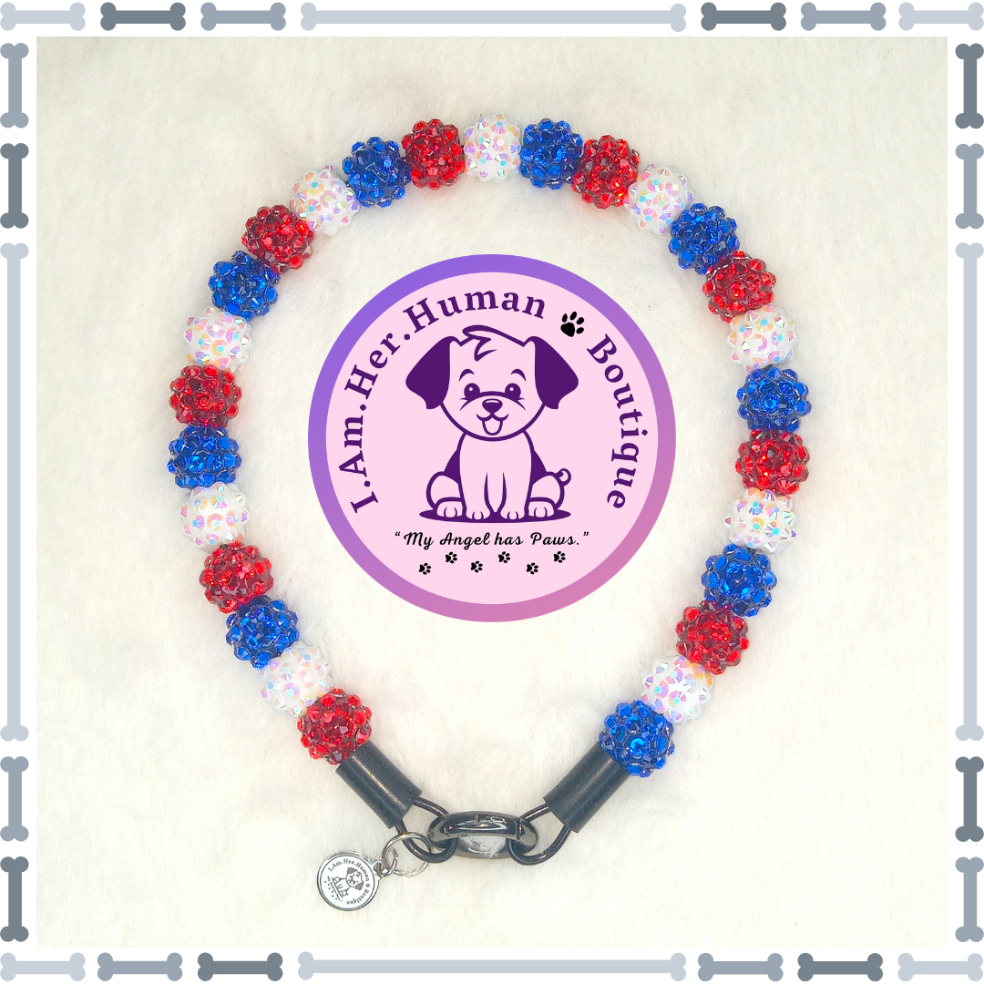 Americana Collar, Red, White, Blue, Rhinestones, XS Mini Glam Dog Bead Collar, Bubblegum Bead Dog Collar, XS Mini Beaded Dog Collar, Bubblegum Beaded Collar, Acrylic