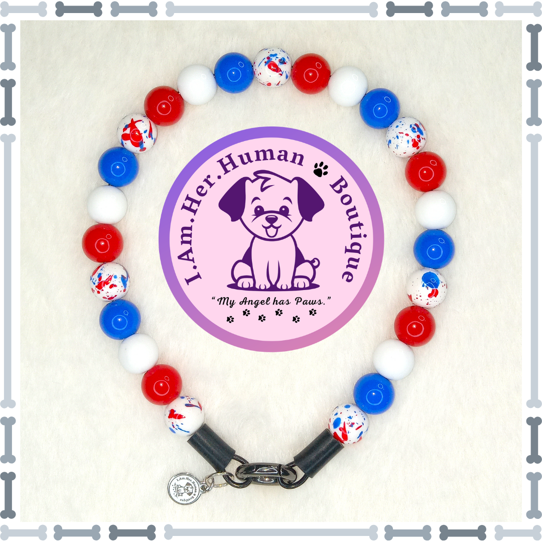 Americana Collar, Red, White, Blue, XS Mini Glam Dog Bead Collar, Bubblegum Bead Dog Collar, XS Mini Beaded Dog Collar, Bubblegum Beaded Collar, Acrylic