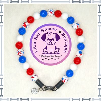 Americana Collar, Red, White, Blue, XS Mini Glam Dog Bead Collar, Bubblegum Bead Dog Collar, XS Mini Beaded Dog Collar, Bubblegum Beaded Collar, Acrylic