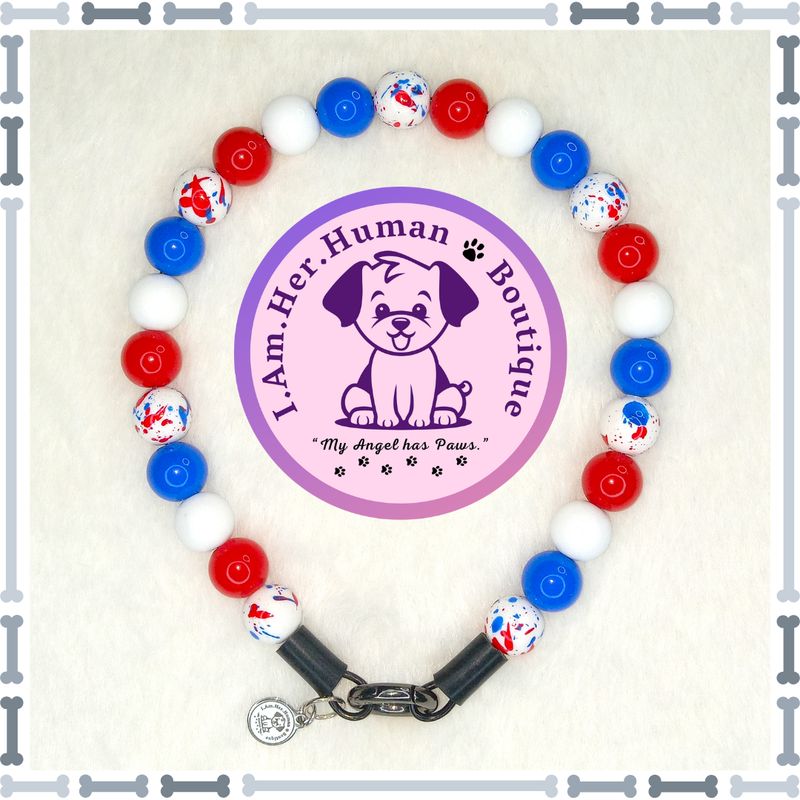Americana Collar, Red, White, Blue, XS Mini Glam Dog Bead Collar, Bubblegum Bead Dog Collar, XS Mini Beaded Dog Collar, Bubblegum Beaded Collar, Acrylic