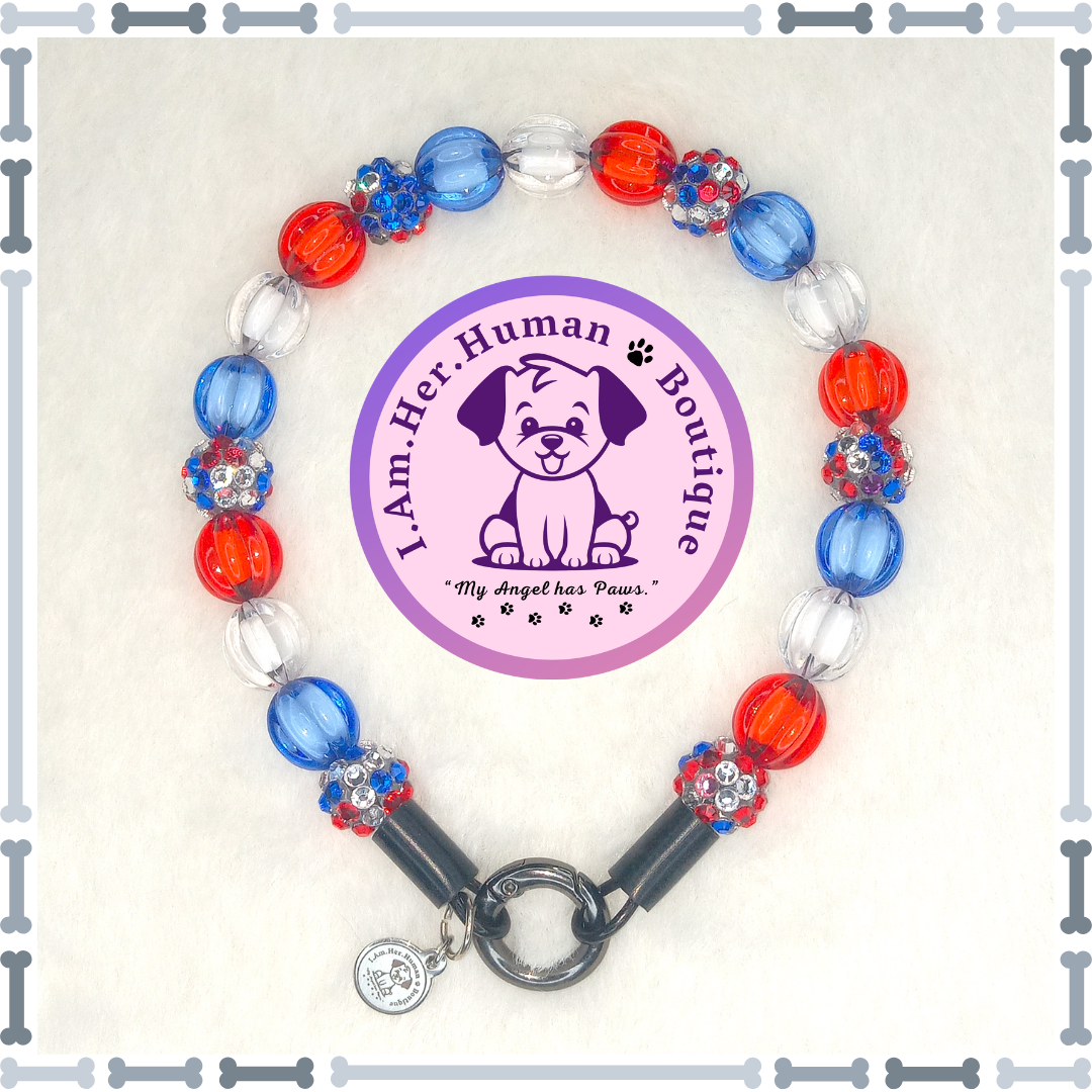 Americana Collar, Red, White, Blue, Rhinestones, Pumpkin Beads, XS Mini Glam Dog Bead Collar, Bubblegum Bead Dog Collar, XS Mini Beaded Dog Collar, Bubblegum Beaded Collar, Acrylic