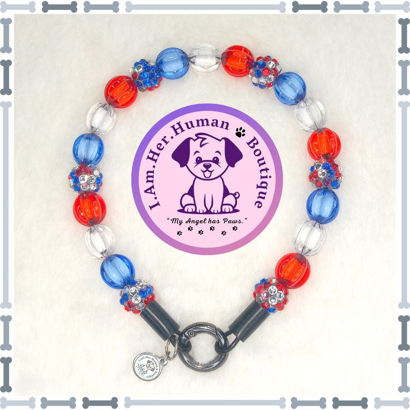 Americana Collar, Red, White, Blue, Rhinestones, Pumpkin Beads, XS Mini Glam Dog Bead Collar, Bubblegum Bead Dog Collar, XS Mini Beaded Dog Collar, Bubblegum Beaded Collar, Acrylic