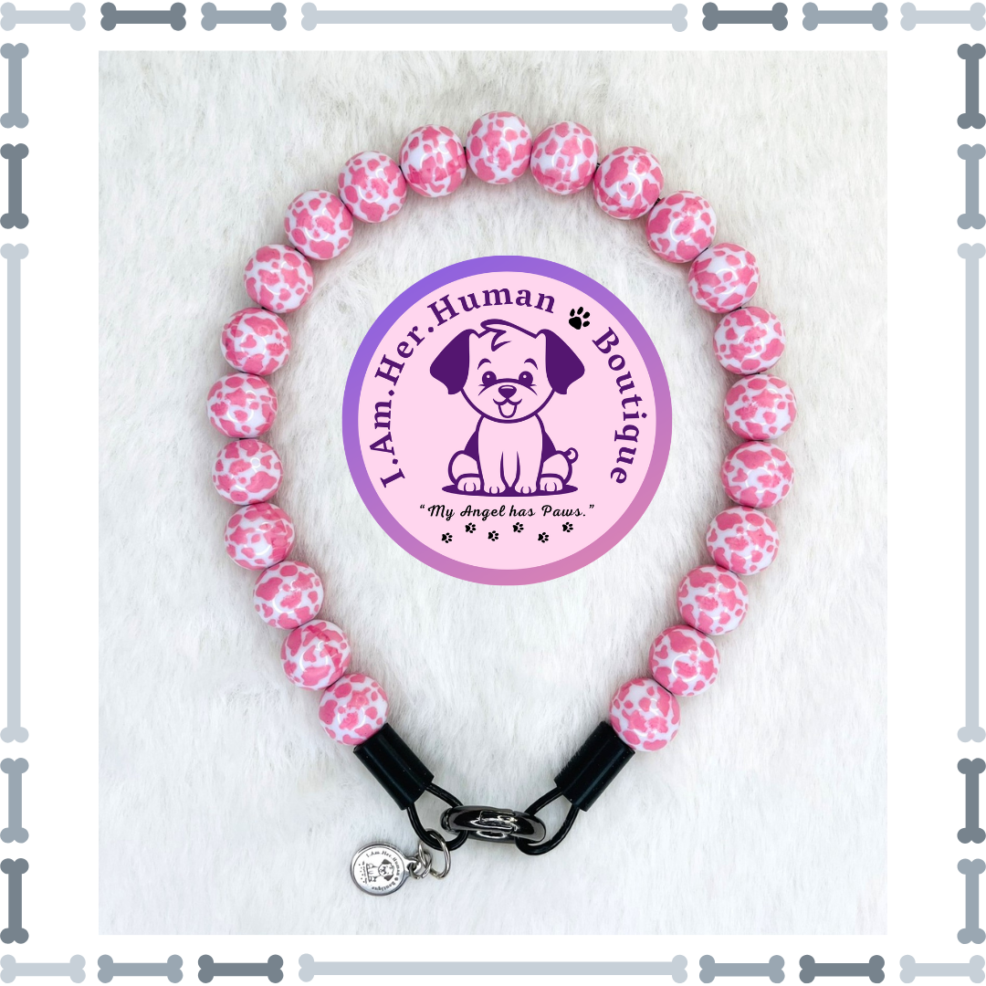 Lil Pink Cow Print | Beaded Dog Collar | Bubblegum Dog Collar | Dog Pearls | Dog Necklace | Acrylic Bead Collar | Slip On | Pink | White | Cow Print | Small Dog Collar