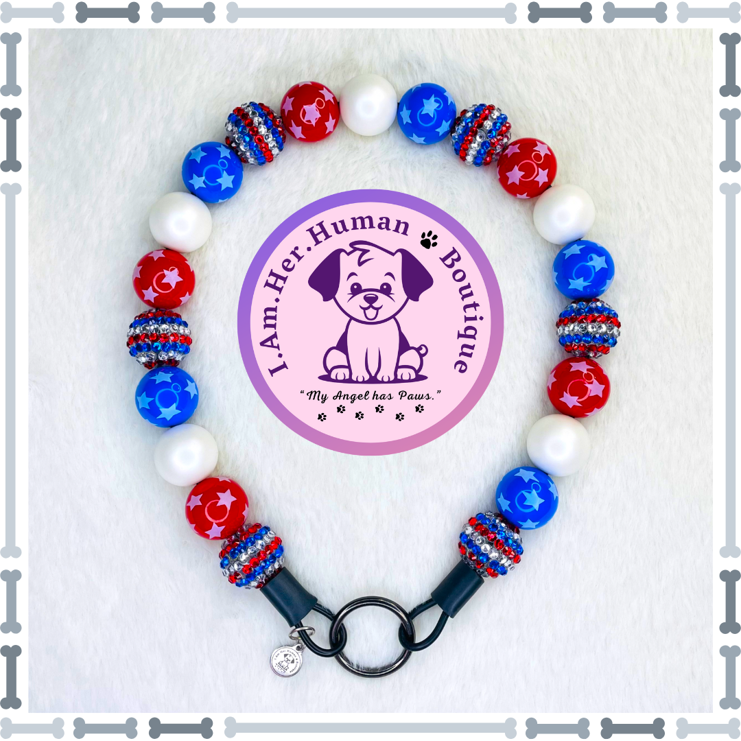 Star Spangled Sparkle | 4th of July | Custom | Bubblegum Dog Collar | Beaded Dog Collar | Dog Pearls | Beaded Dog Necklace | Slip On | Acrylic | Red | White | Blue | USA | Independence Day | Americana Collar