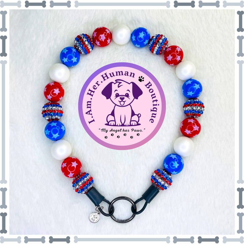 Star Spangled Sparkle | 4th of July | Custom | Bubblegum Dog Collar | Beaded Dog Collar | Dog Pearls | Beaded Dog Necklace | Slip On | Acrylic | Red | White | Blue | USA | Independence Day | Americana Collar