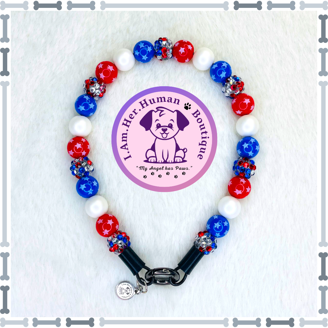 Lil Star Spangled Sparkle | 4th of July | Custom | Bubblegum Dog Collar | Beaded Dog Collar | Dog Pearls | Bead Dg Necklace | Americana Collar | Red | White | Blue | Small Dog Collar | Acrylic