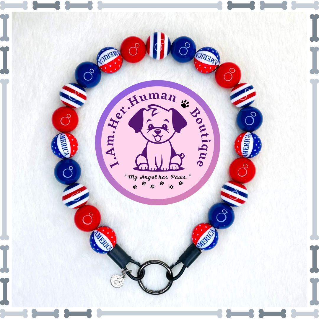 All American Dog | 4th of July | Custom | Bubblegum Dog Collar | Beaded Dog Collar | Dog Pearls | Beaded Dog Necklace | Slip On | Acrylic | Red | White | Blue | USA | Americana | Independence Day | Dog Collar