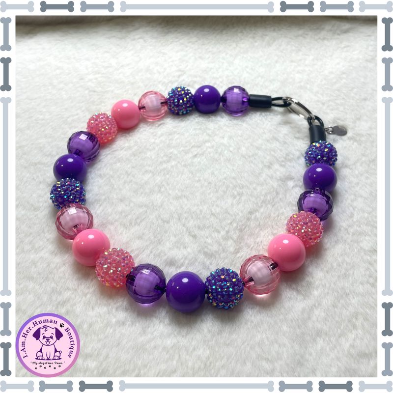 PAWple Bubblegum | Beaded Dog Collar | Bubblegum Dog Collar | Dog Pearls | Dog Necklace | Acrylic | Slip On | Purple | Pink