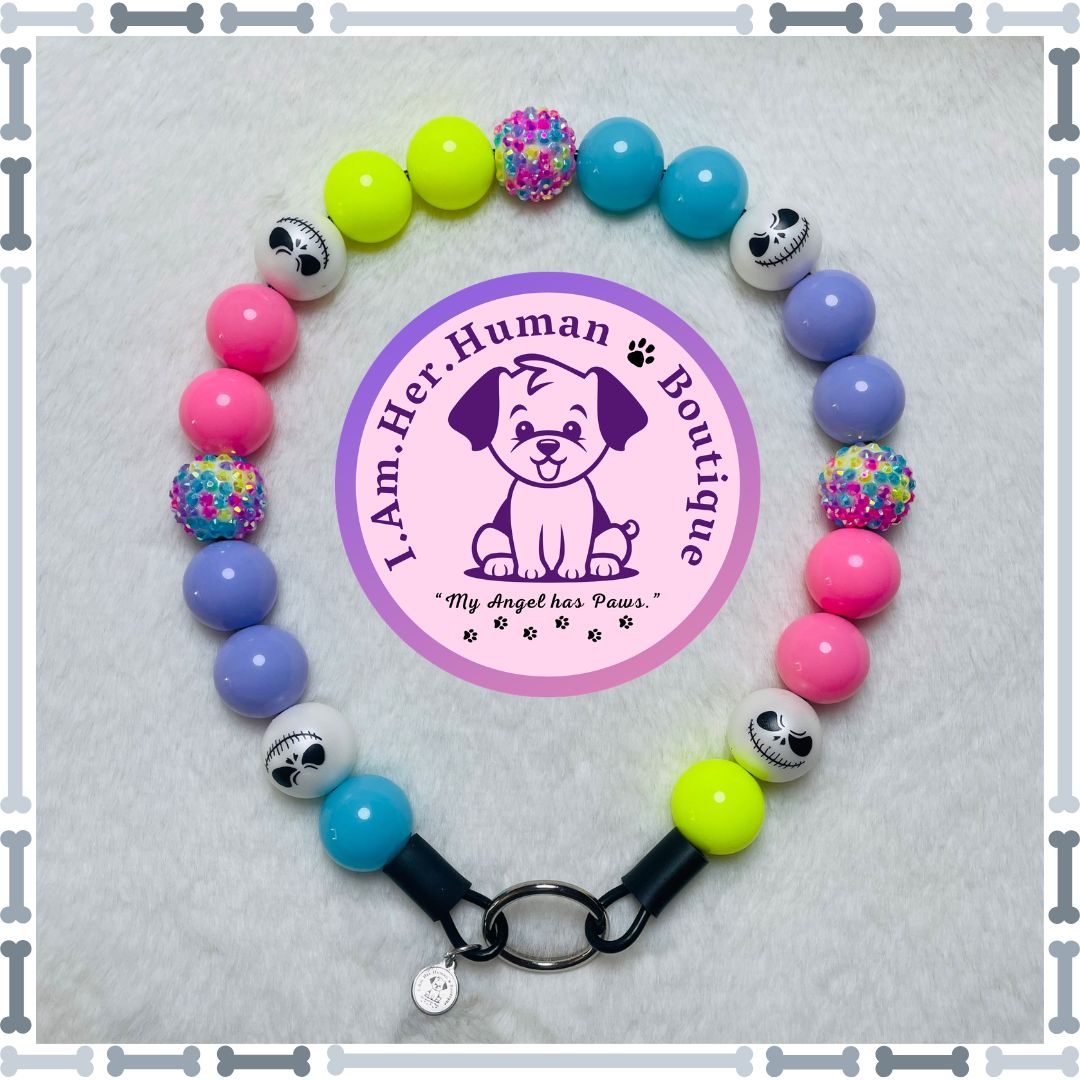 Springtime Jack | Skellington | Bubblegum Dog Collar | Beaded Dog Collar | Bead Dog Necklace | Dog Pearls | Acrylic | Easter