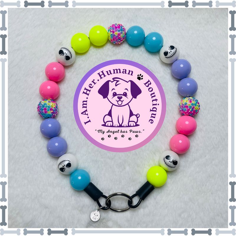 "Springtime Jack" Chunky Glam Bead Collar Springtime Jack | Skellington | Bubblegum Dog Collar | Beaded Dog Collar | Bead Dog Necklace | Dog Pearls | Acrylic | Easter