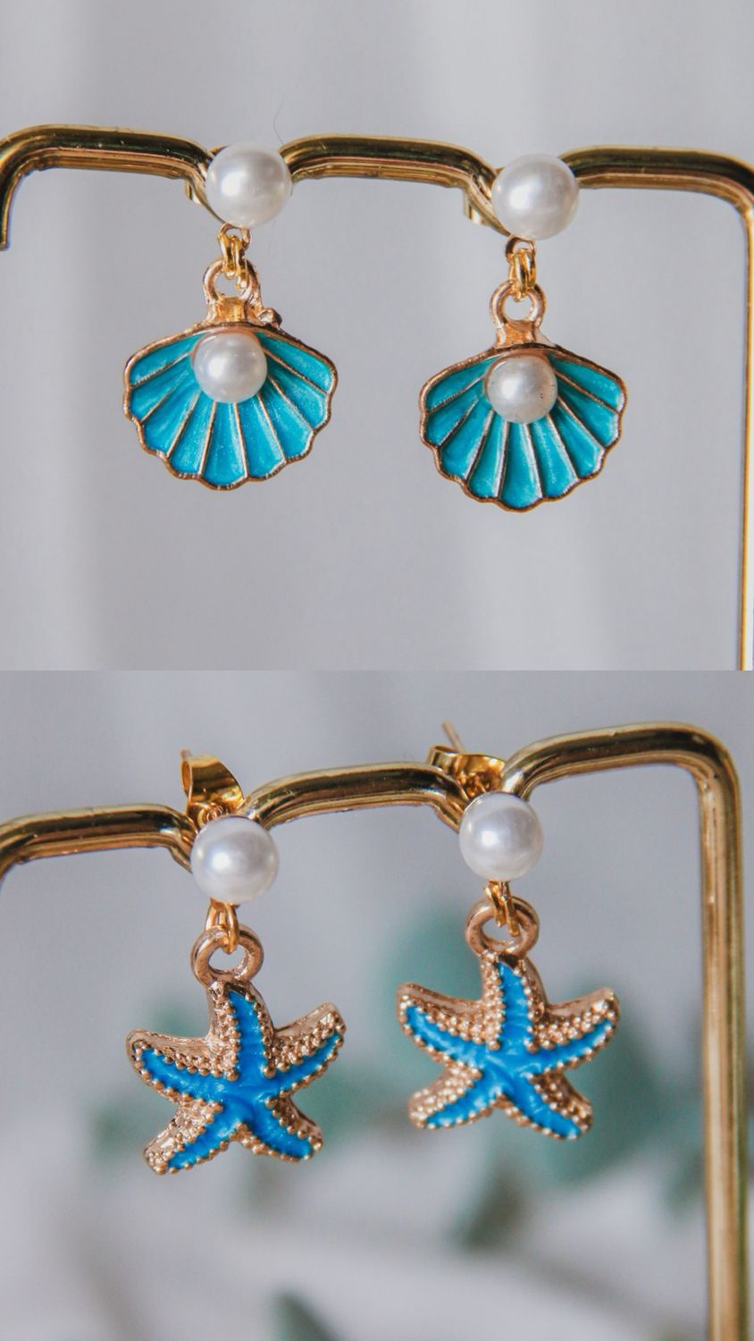 Boucle d'oreille - Perles Coquillage et étoile de mer Bleu