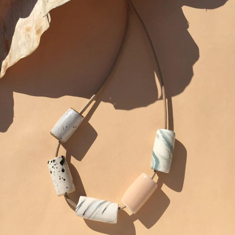 Ceramic Tube Bead Necklace in Blush/Marble