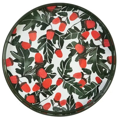 Red Acorns Round Serving Tray