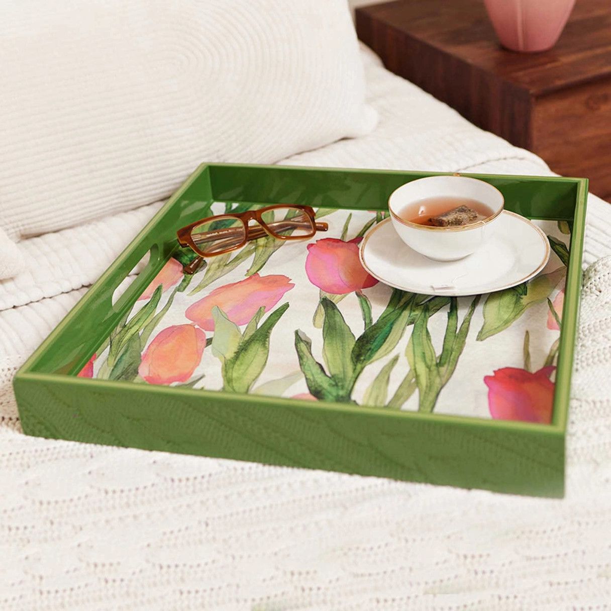 Pink Tulips 15-inch Square Tray