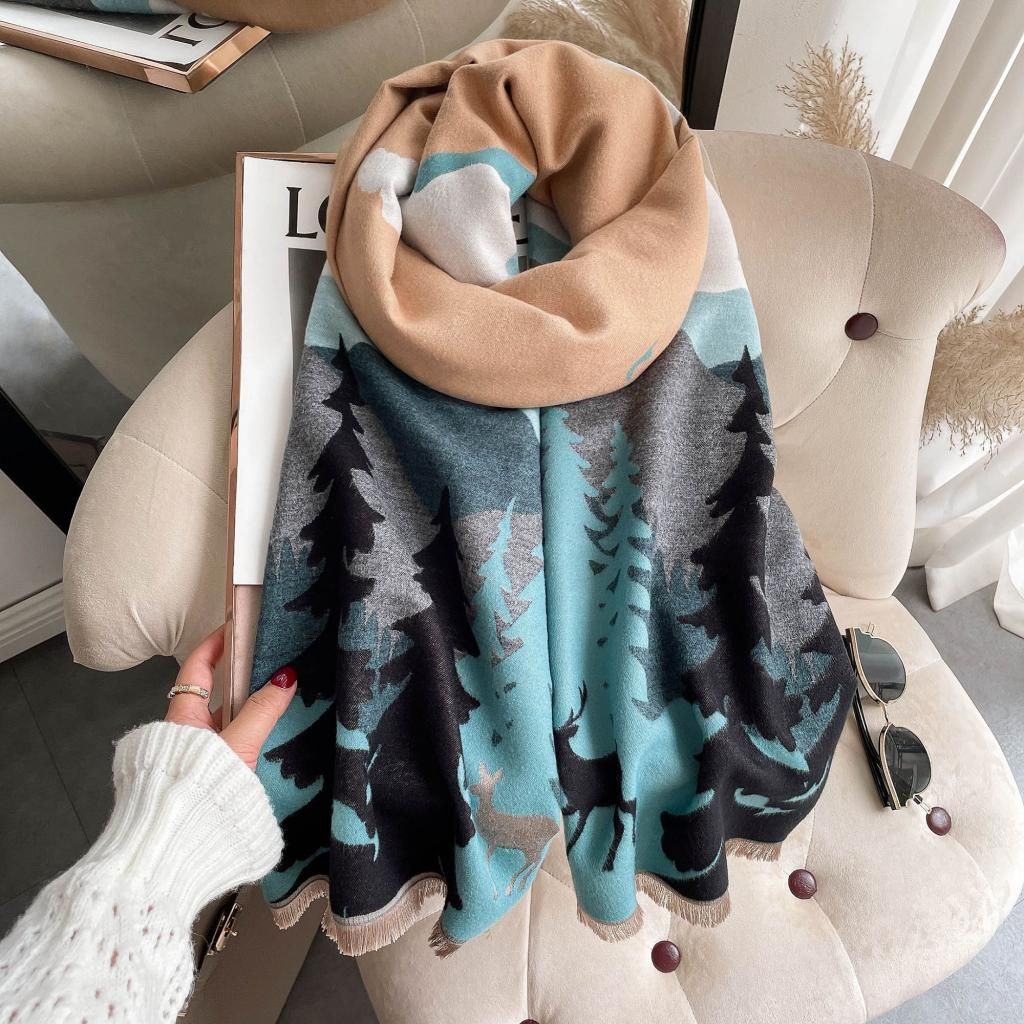 Cashmere Feel Reversible Travel Wrap in Blue and Tan Mountain